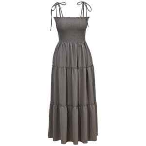 پیراهن ساحلی یقه دلبری زنانه دل آویز مدل H388 رنگ خاکی